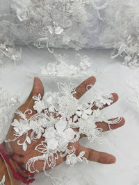 3D Flower Sequins Design - White - Embroidered Pearl Sequins Floral Clusters Lace Fabric By Yard